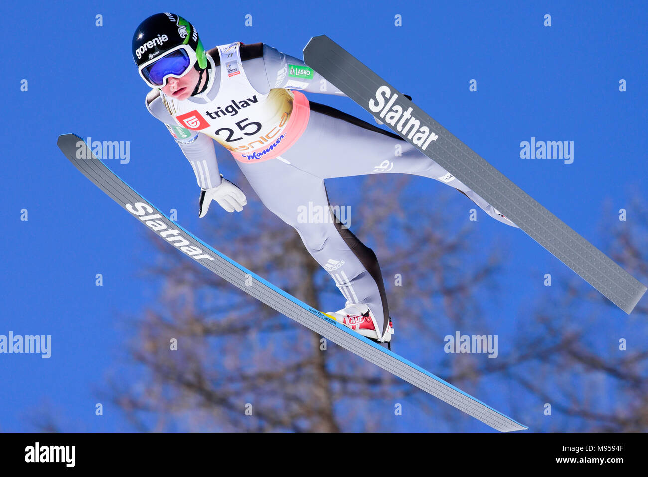 Planica, Slovenia. 22nd Mar, 2018. Anze Lanisek of Slovenia soars through the air during the qualification at Planica FIS Ski Jumping World Cup finals on March 22, 2017 in Planica, Slovenia. Credit: Rok Rakun/Pacific Press/Alamy Live News Stock Photo