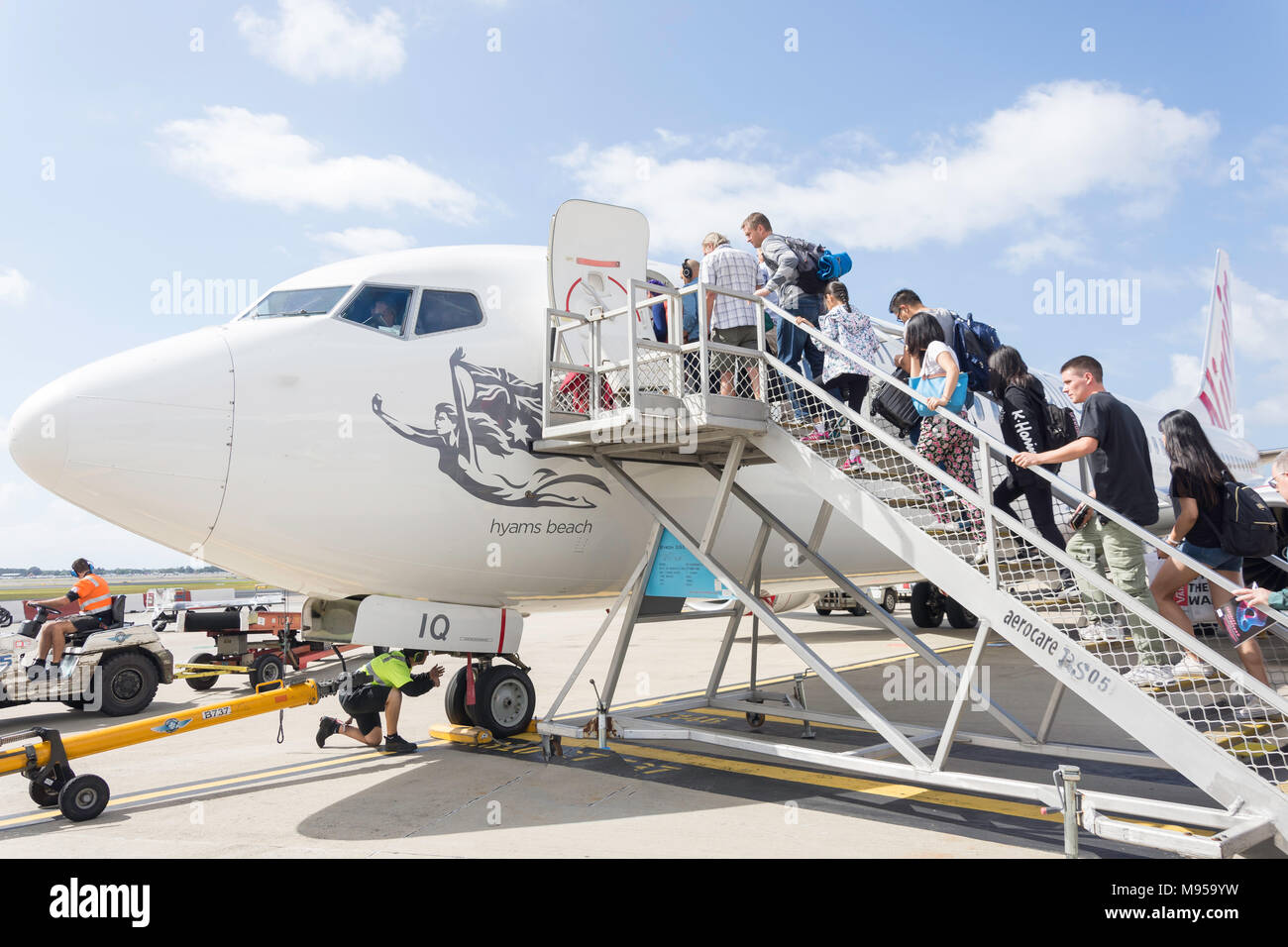 Passengers boarding Virgin Australian Boeing 737 at Sydney Kingsford Smith Airport, Mascot, Sydney, New South Wales, Australia Stock Photo