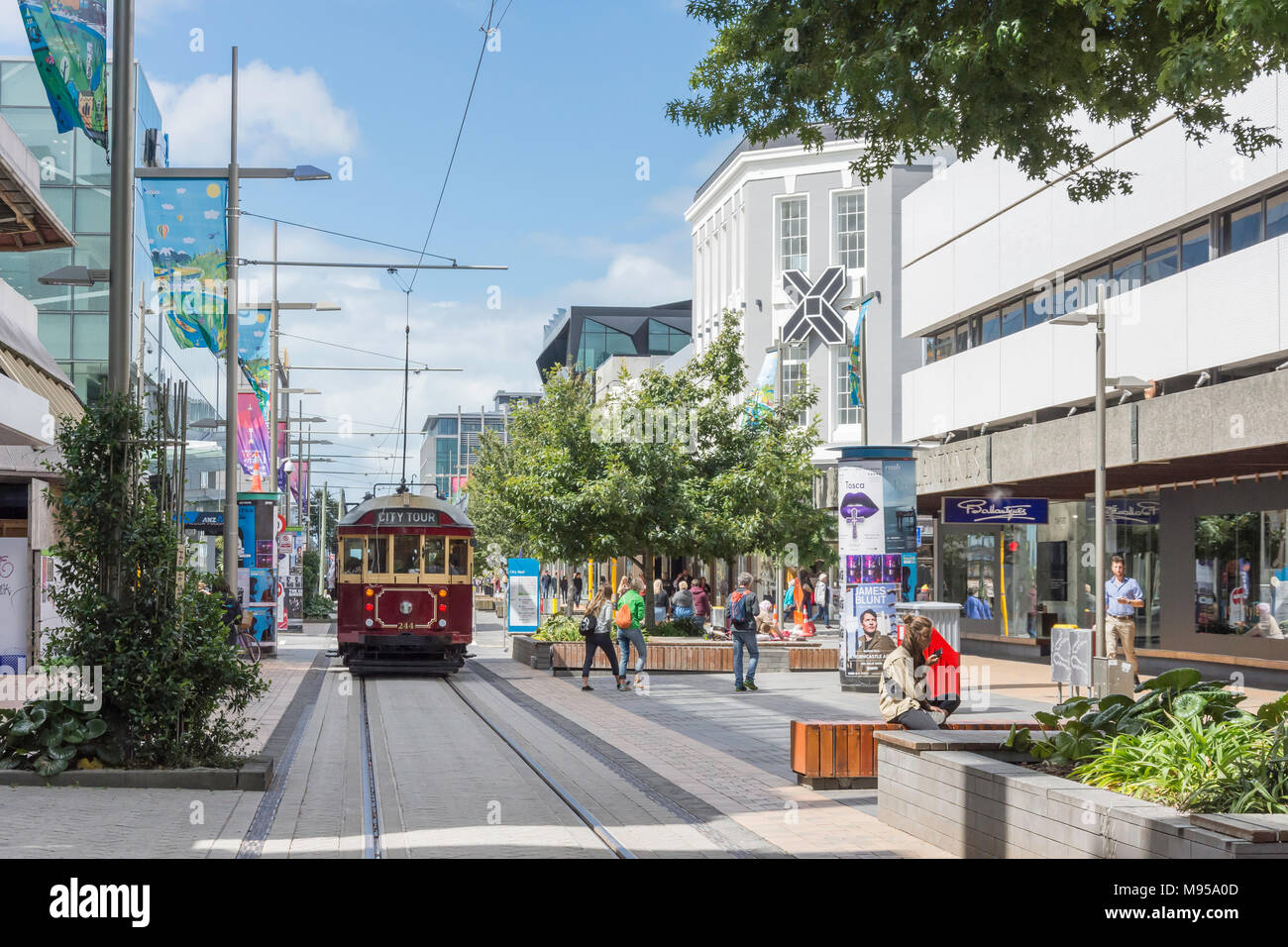 City Tour tram on Cashel Street, Christchurch Central, Christchurch, Canterbury, New Zealand Stock Photo