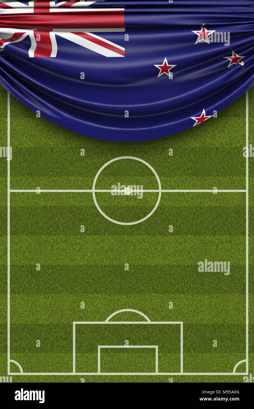 New Zealand country flag draped over a football soccer pitch. 3D