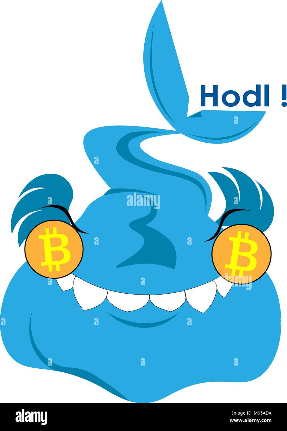 Satisfied whale with bitcoins in the eyes Hodl logo-illustration Stock Vector