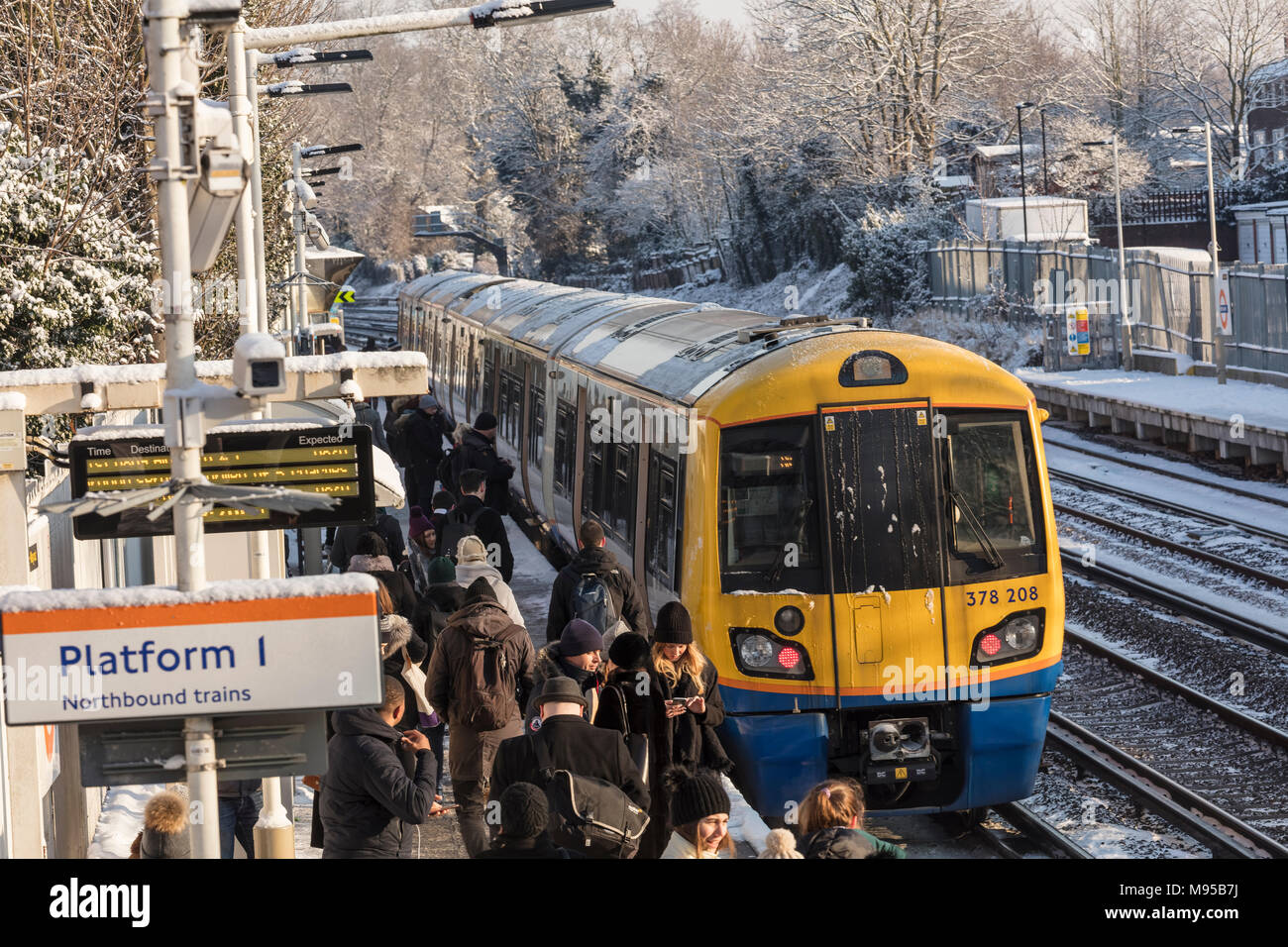 Train at Sydenham Station in the Snow Stock Photo