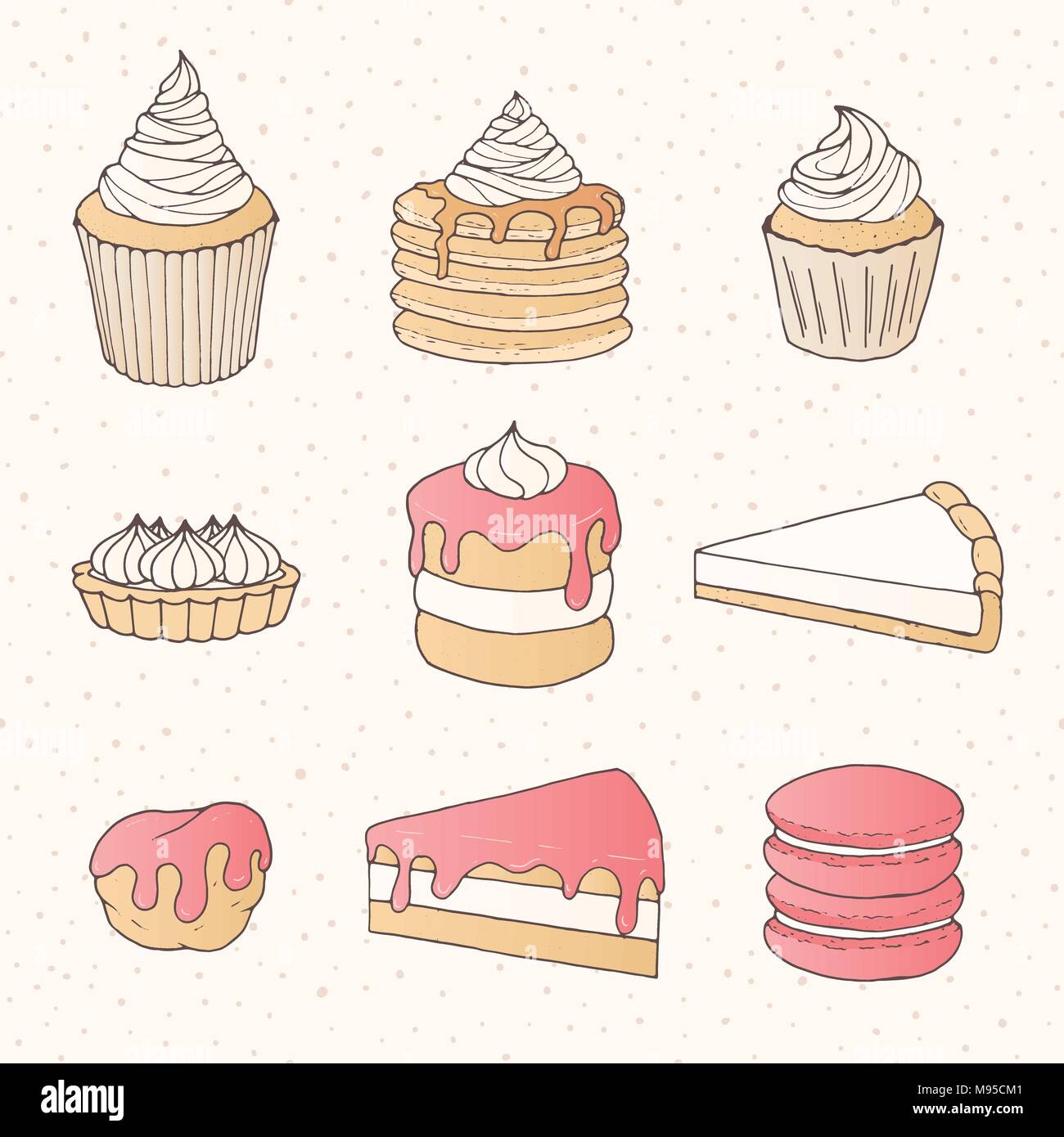 Vector pastry collection of cakes, pies, tarts, muffins and eclairs