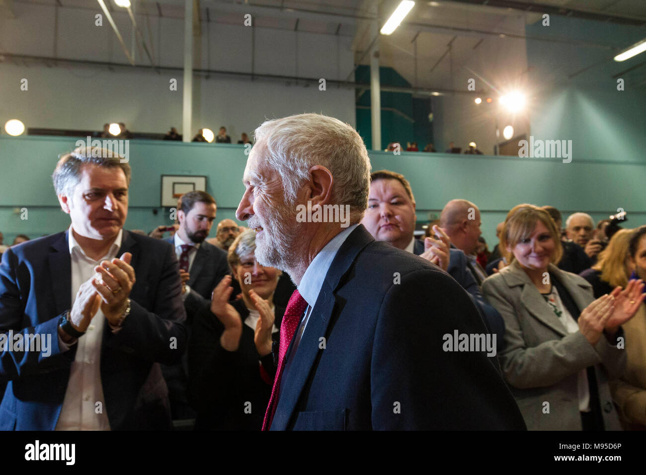 Jeremy Corbyn, leader of the Labour Party, along with senior members of the Shadow Cabinet at the official launch of Labour’s local election campaign Stock Photo