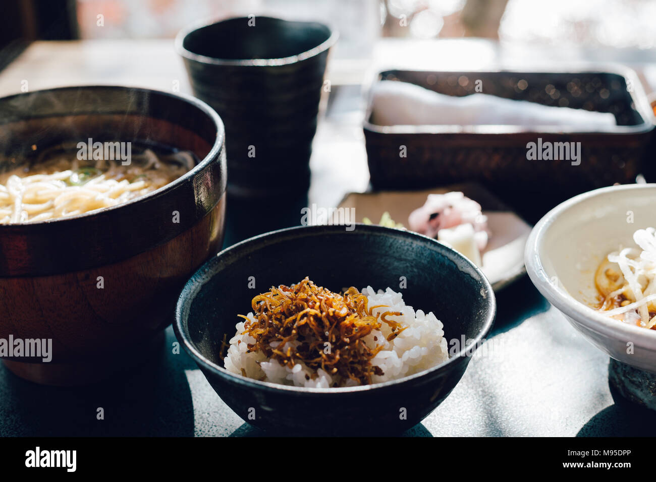 Japanese food, rice and noodle Soba in Japanese restaurant Stock Photo