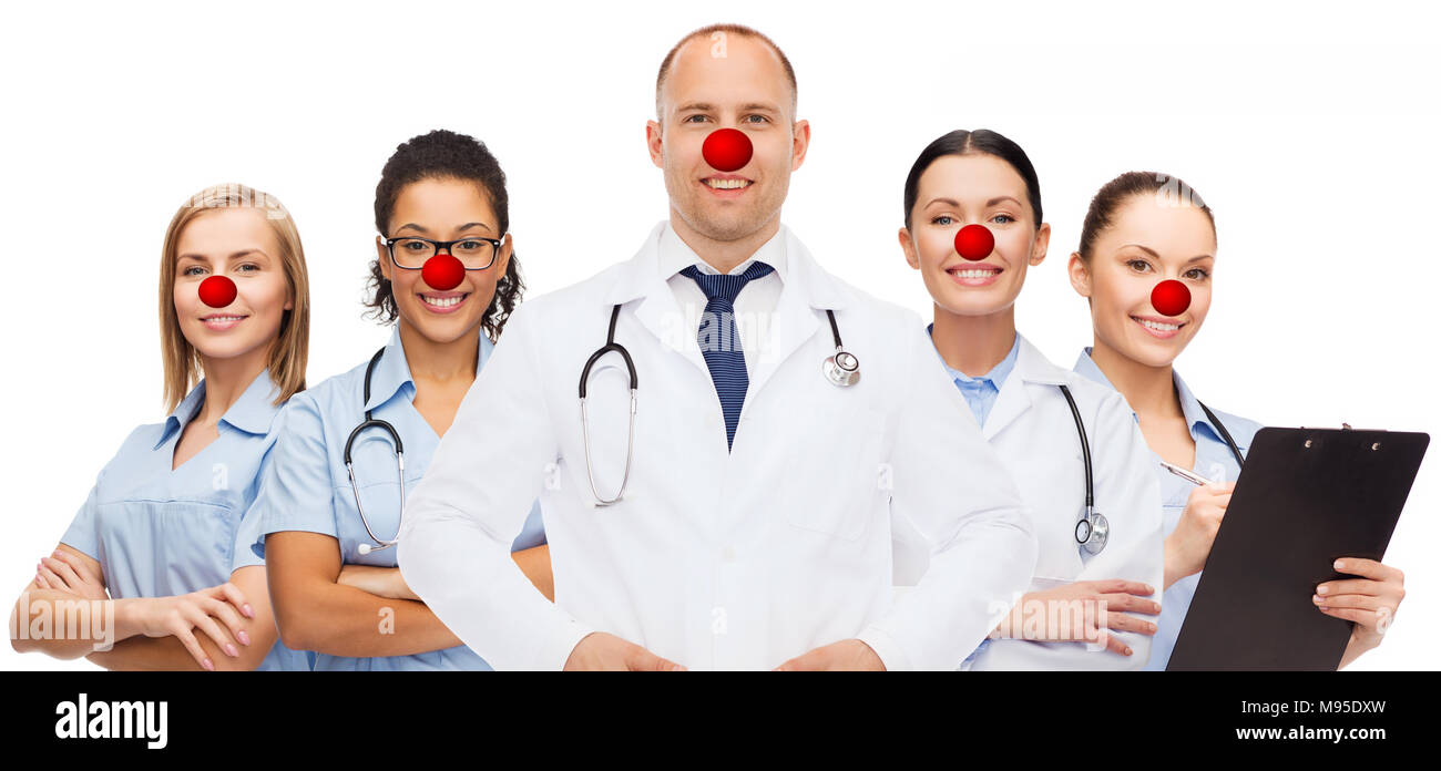 group of smiling doctors at red nose day Stock Photo Alamy