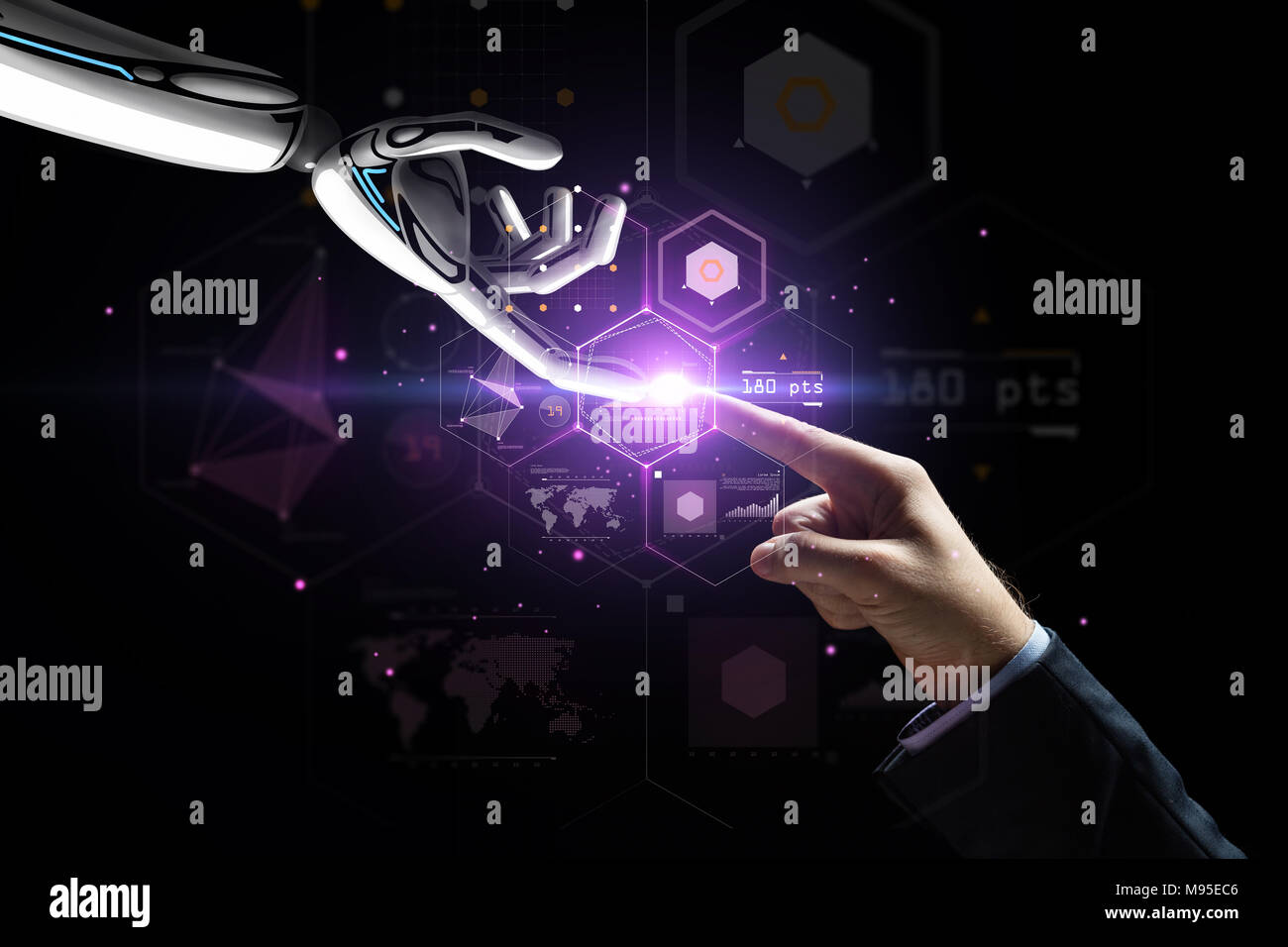 robot and human hand over virtual projection Stock Photo