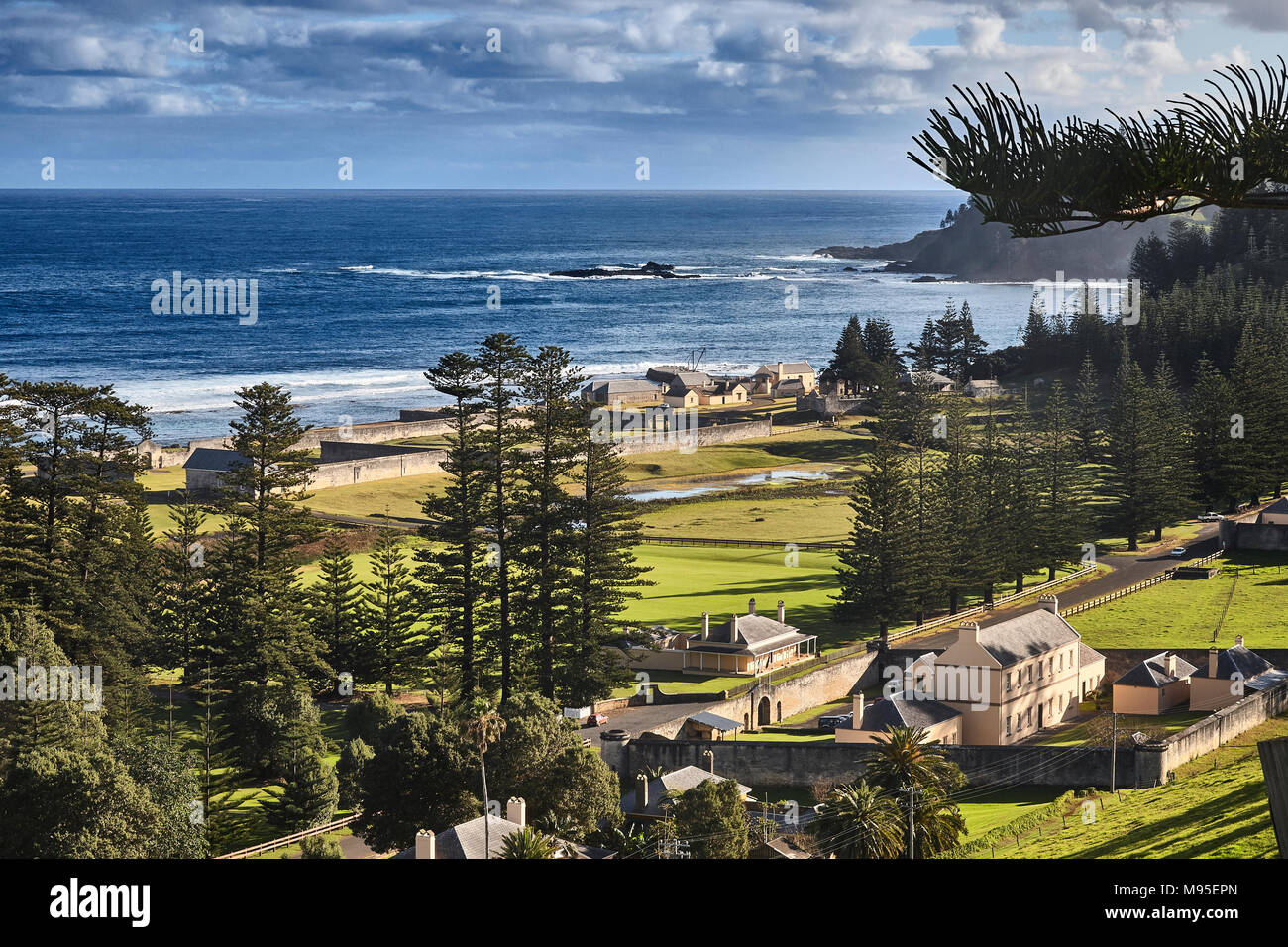 View overlooking Government House, Quality Row and Slaughter Bay, Norfolk Island, Australia Stock Photo