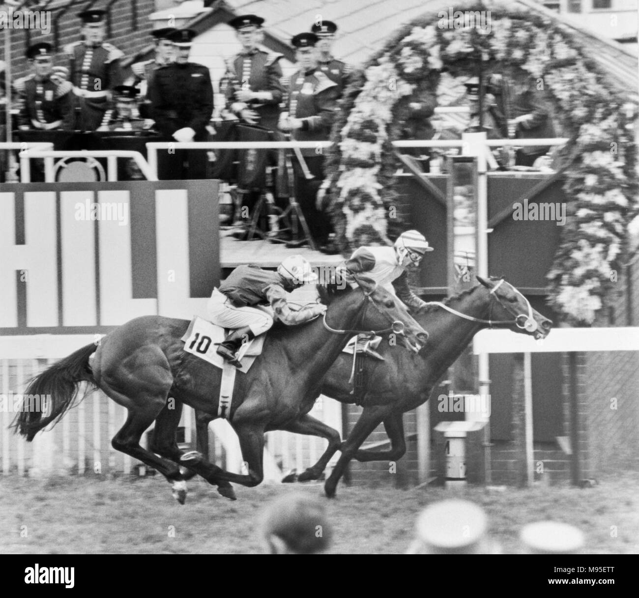 7th June 1978. Greville Starkey, riding Shirley heights, narrowly beats Hawaiian Sound, ride by the American jockey Willie Shoemaker, in the 1978 Epsom Derby in England. Stock Photo