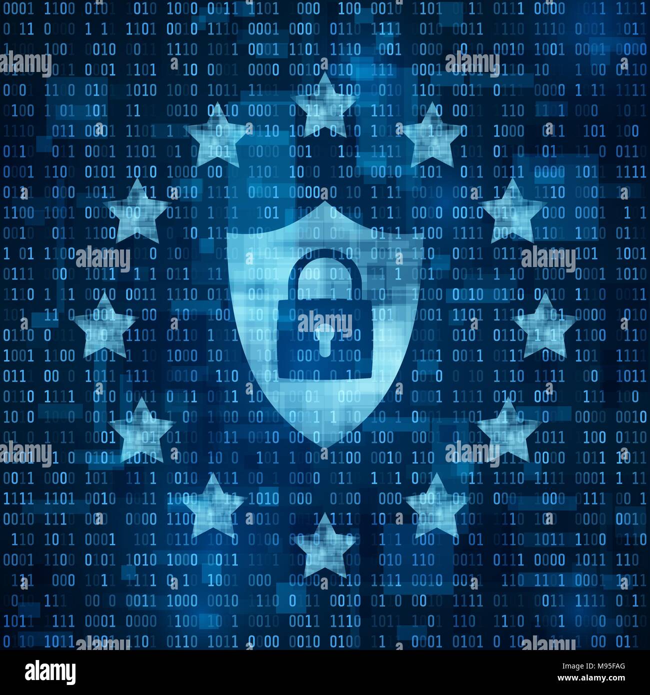 General Data Protection Regulation - GDPR. Shild with padlock, data secure. Stars on blue matrix background. Vector illustration Stock Vector