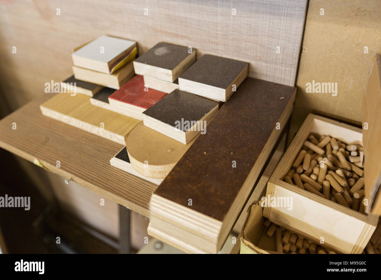 Wood Dowel Pins And Board Samples At Workshop Stock Photo Alamy