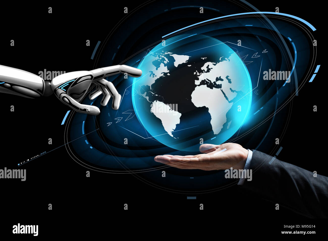 human and robot hand with virtual earth hologram Stock Photo