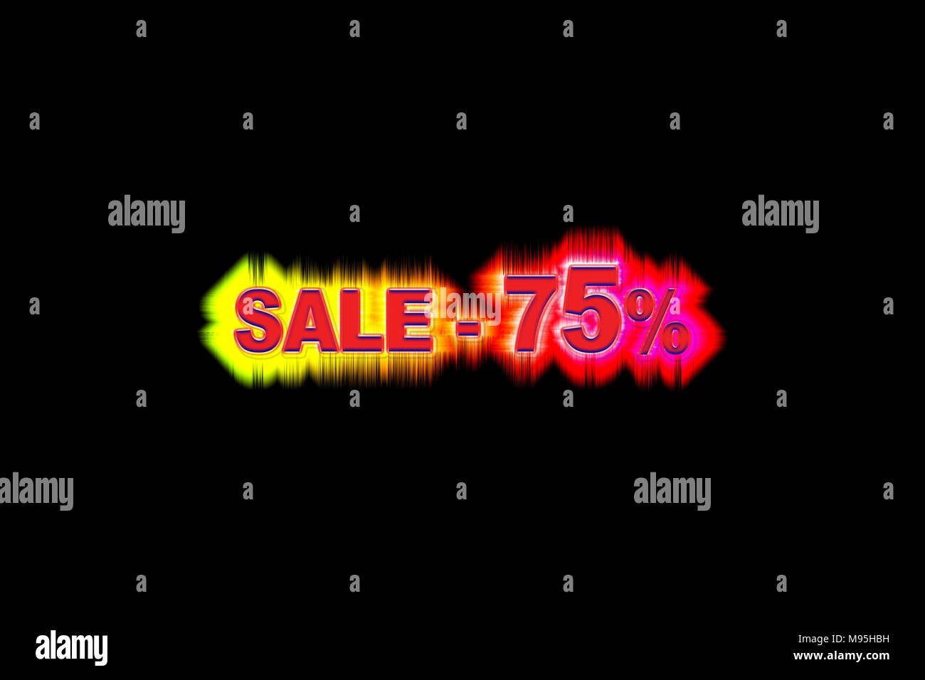 Discount seventy-five per cent of the simulated volume with a rainbow glow on a black background Stock Photo