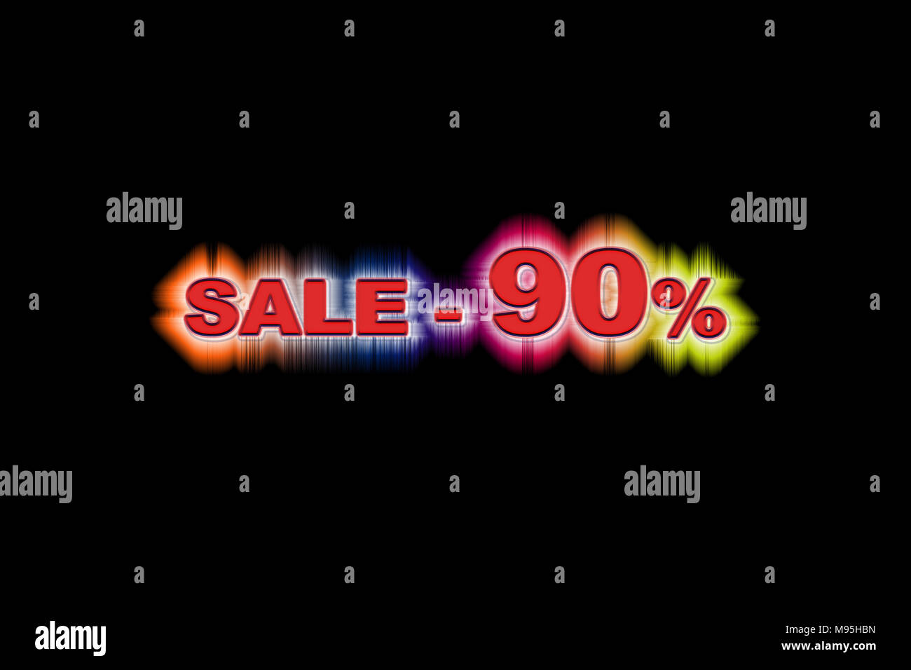Discount ninety percent of the simulated volume with a rainbow glow on a black background Stock Photo