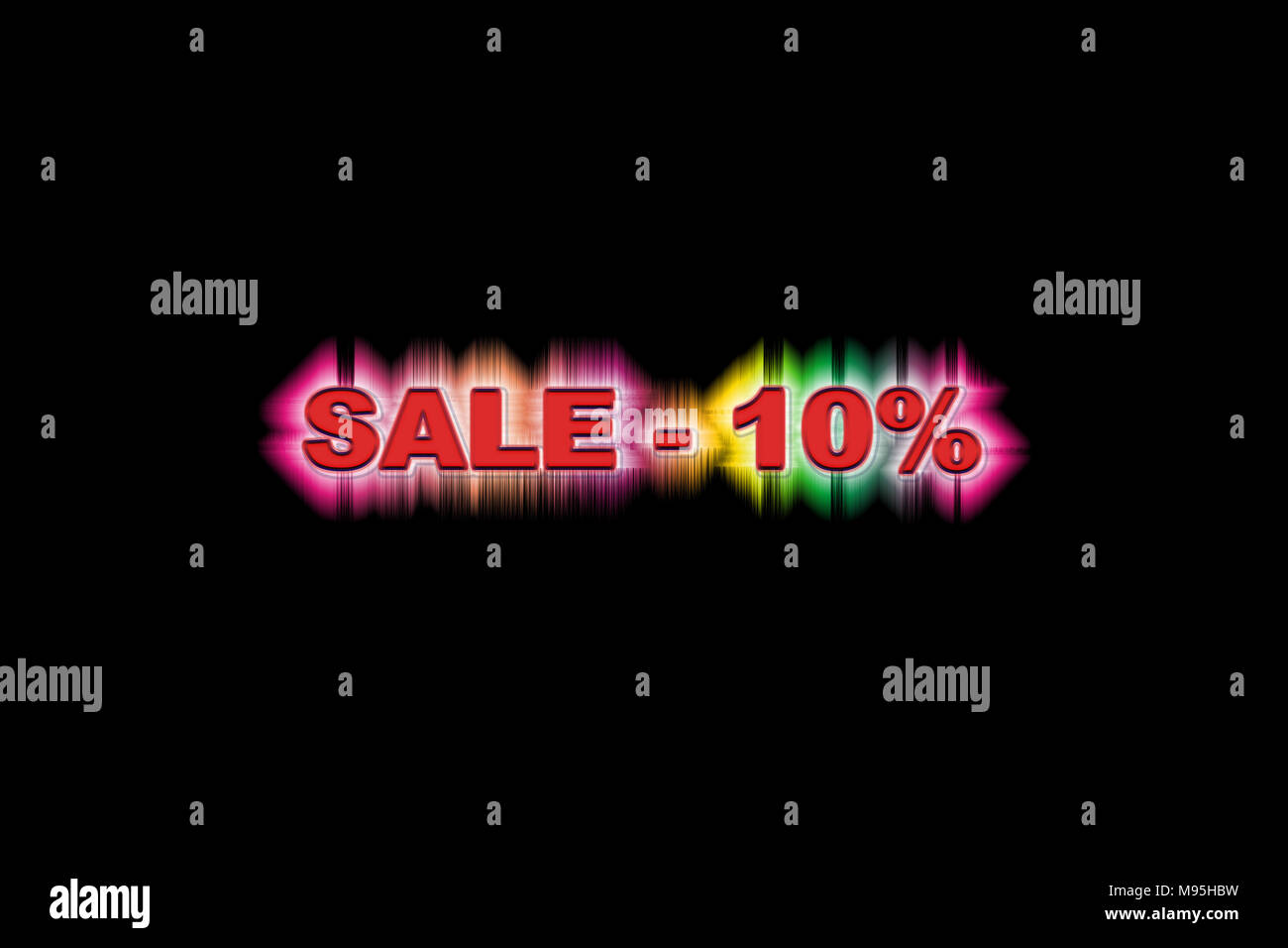 A discount of ten percent simulated volume with a rainbow glow on a black background Stock Photo