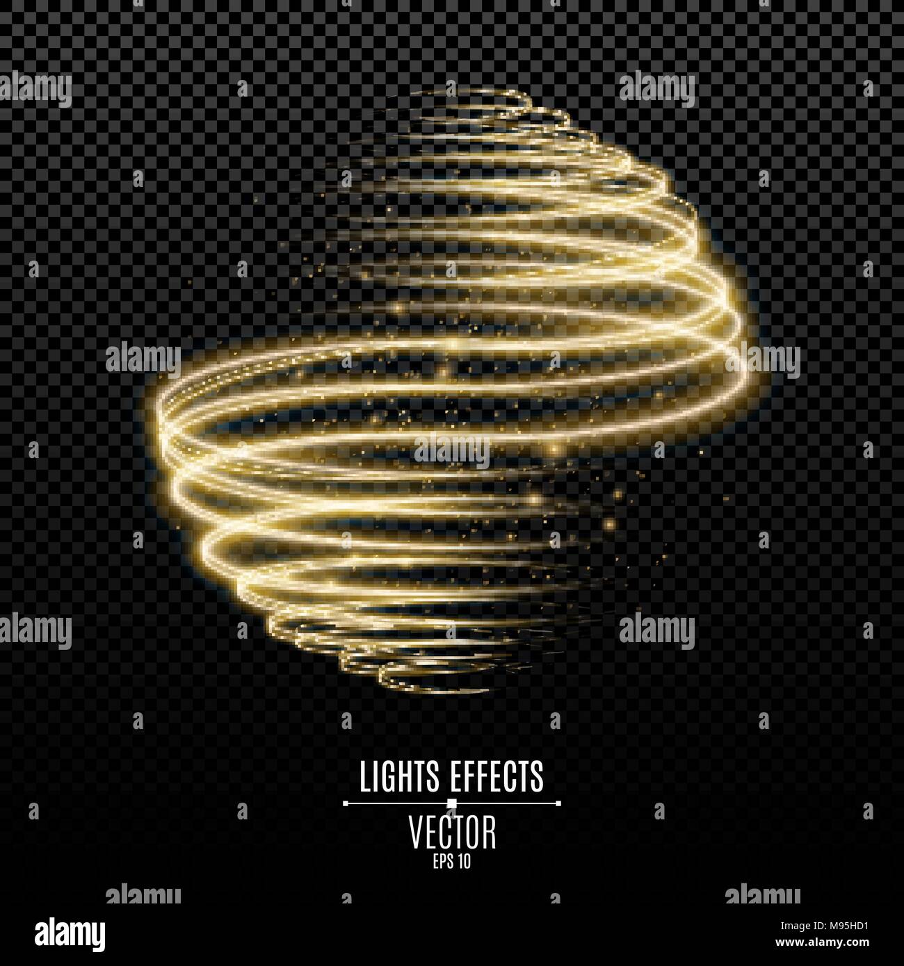 Abstract glowing sphere from golden neon lines on a transparent ...