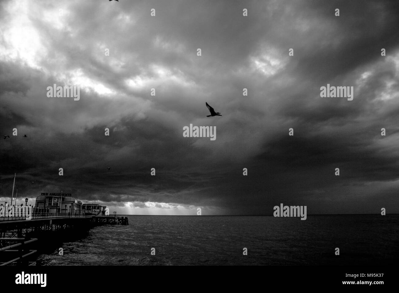 A bird flying over a pier in England. Stock Photo