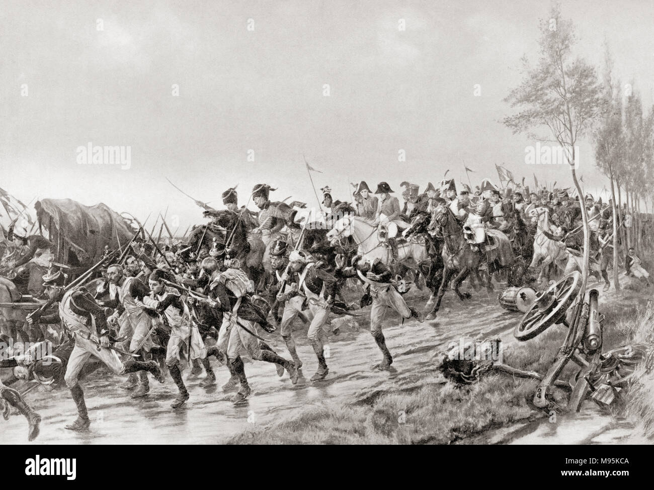 French soldiers running for safety after the Battle of Waterloo, 18th June, 1815.  From Hutchinson's History of the Nations, published 1915 Stock Photo