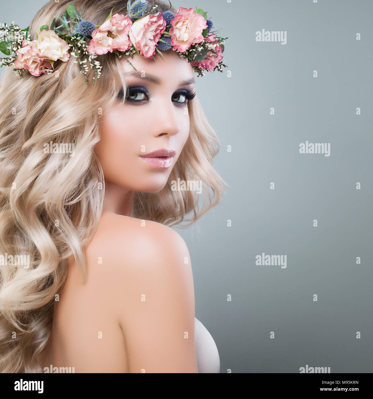Beautiful Young Woman With Flowers Hairstyle Blonde Beauty