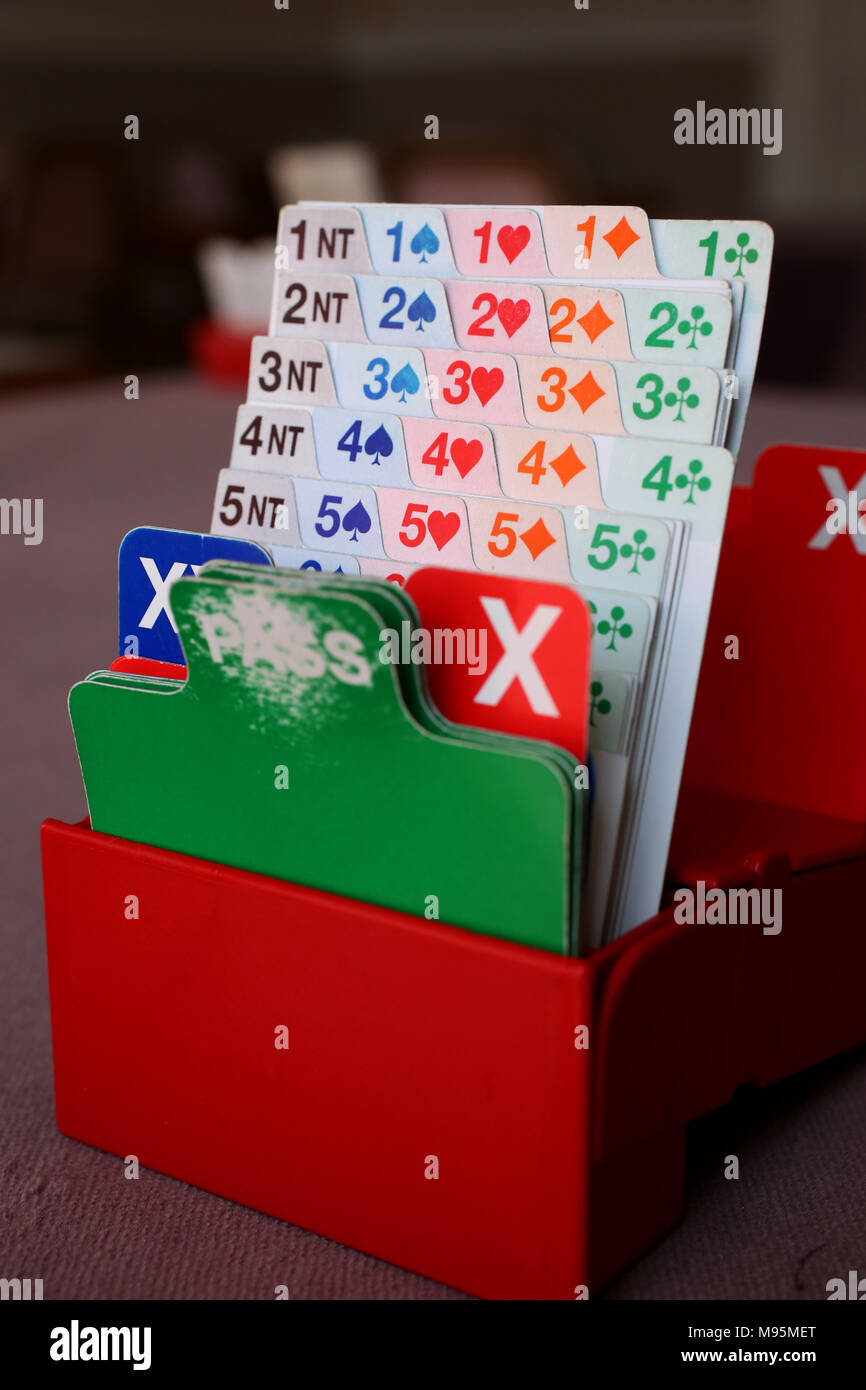 Bridge set up and ready to play at a competitive Bridge club in Bognor Regis, West Sussex, UK. Stock Photo