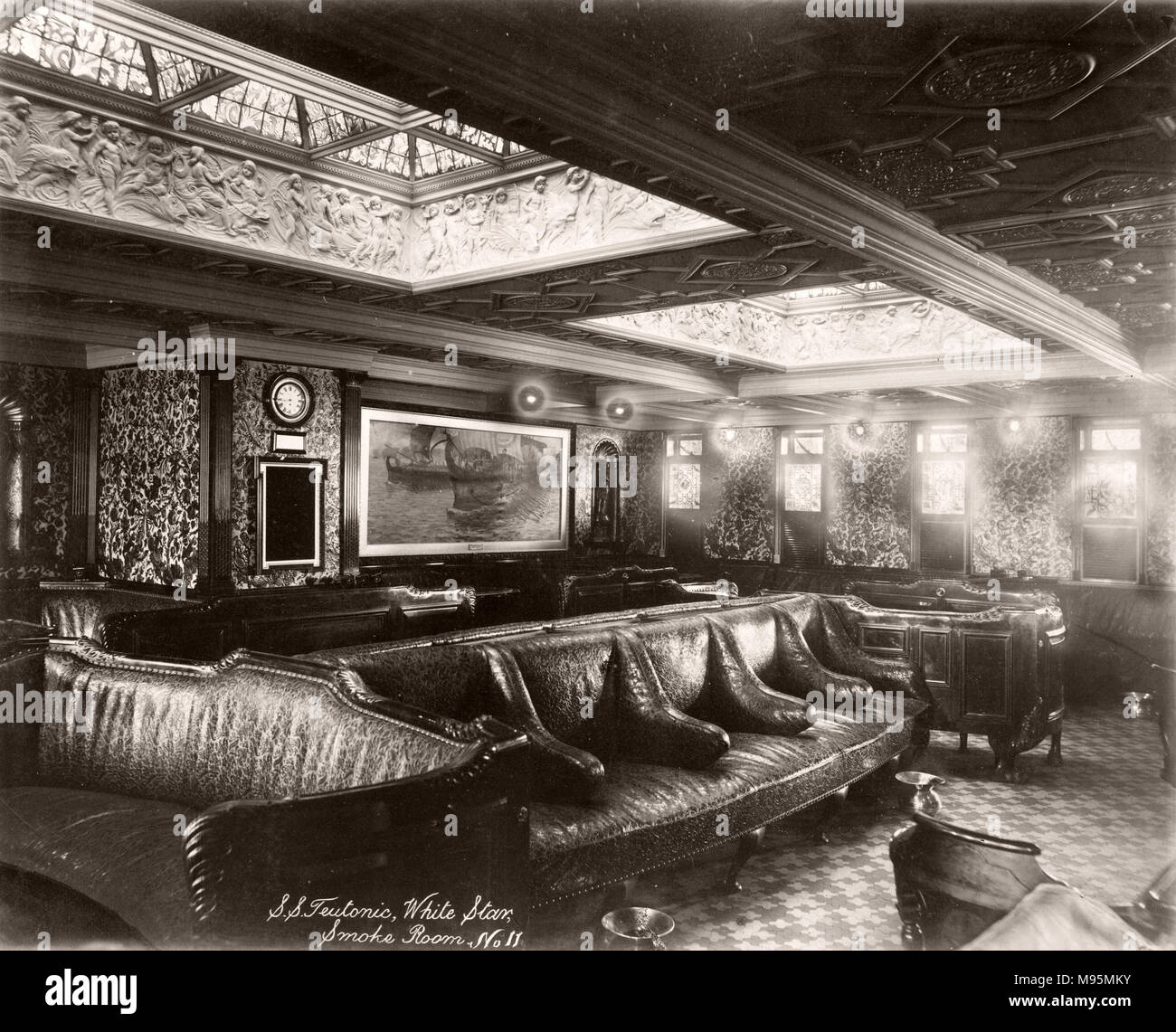 1889 photograph - RMS Teutonic - from an album of images relating to the launch of the vessel, which was built by Harland and Wolff in Belfast, for the White Star Line - later to achieve notoriety as the owner of the Titanic. The album shows interiors of the ship, member of the crew, trial cruises, including a visit onboard by the German Kaiser and Prince of Wales, as well as many images of other visitors. This image - Stock Photo