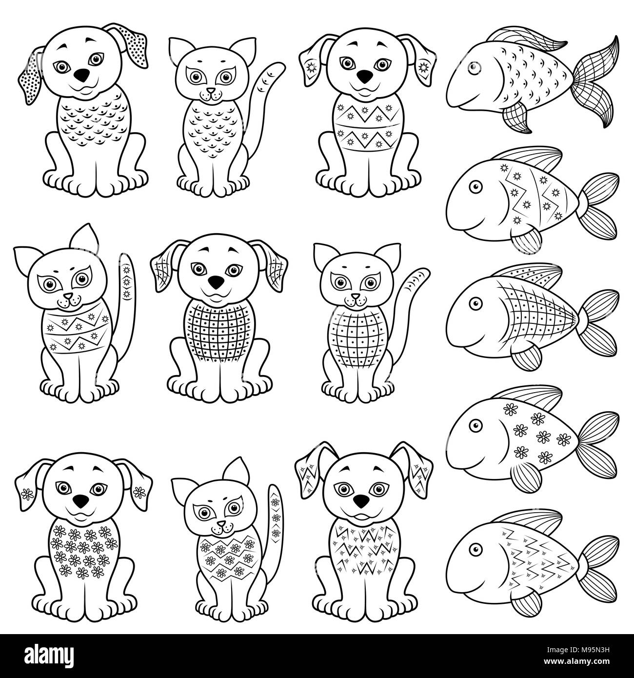 Set of amusing cartoon cats, dogs and fishes with various decorative design elements, hand drawing vector illustration Stock Vector