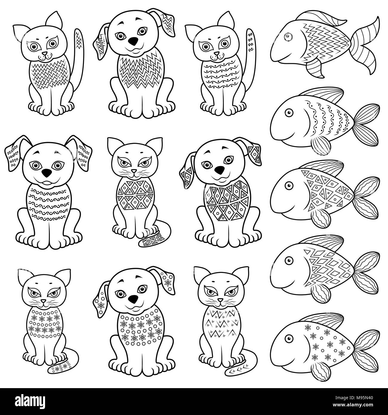Set of funny cartoon cats, dogs and fishes with various decorative design elements, hand drawing vector artworks Stock Vector