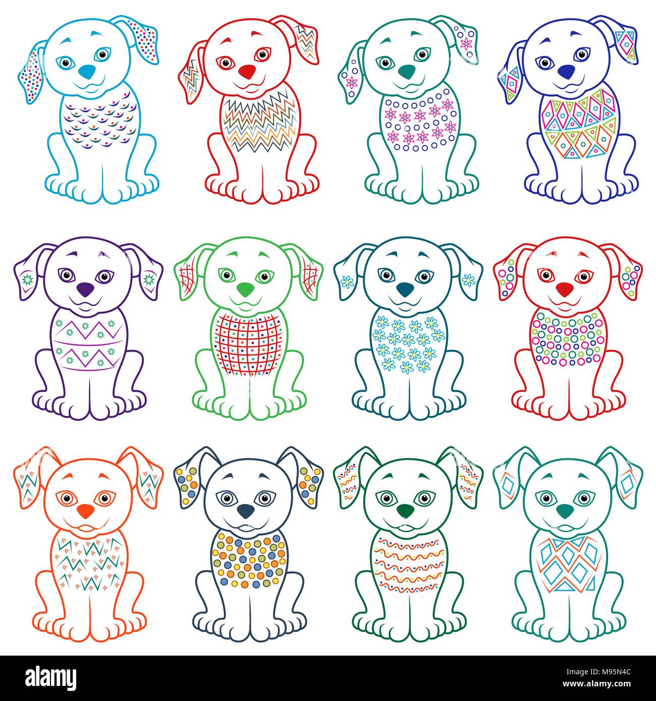 Set of twelve amusing cartoon dogs with various decorative design elements, vector illustration Stock Vector