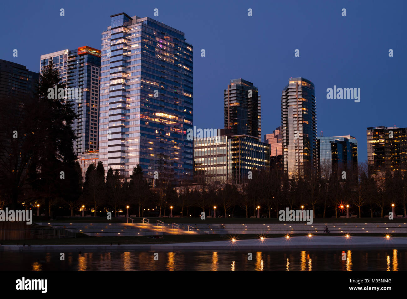 Bellevue Skyline with city lights from downtown park at twilight Stock Photo