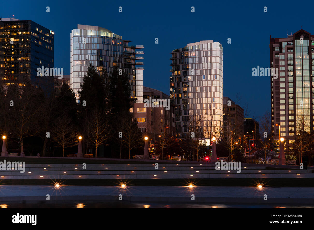 Bellevue Skyline with city lights from downtown park at twilight Stock Photo