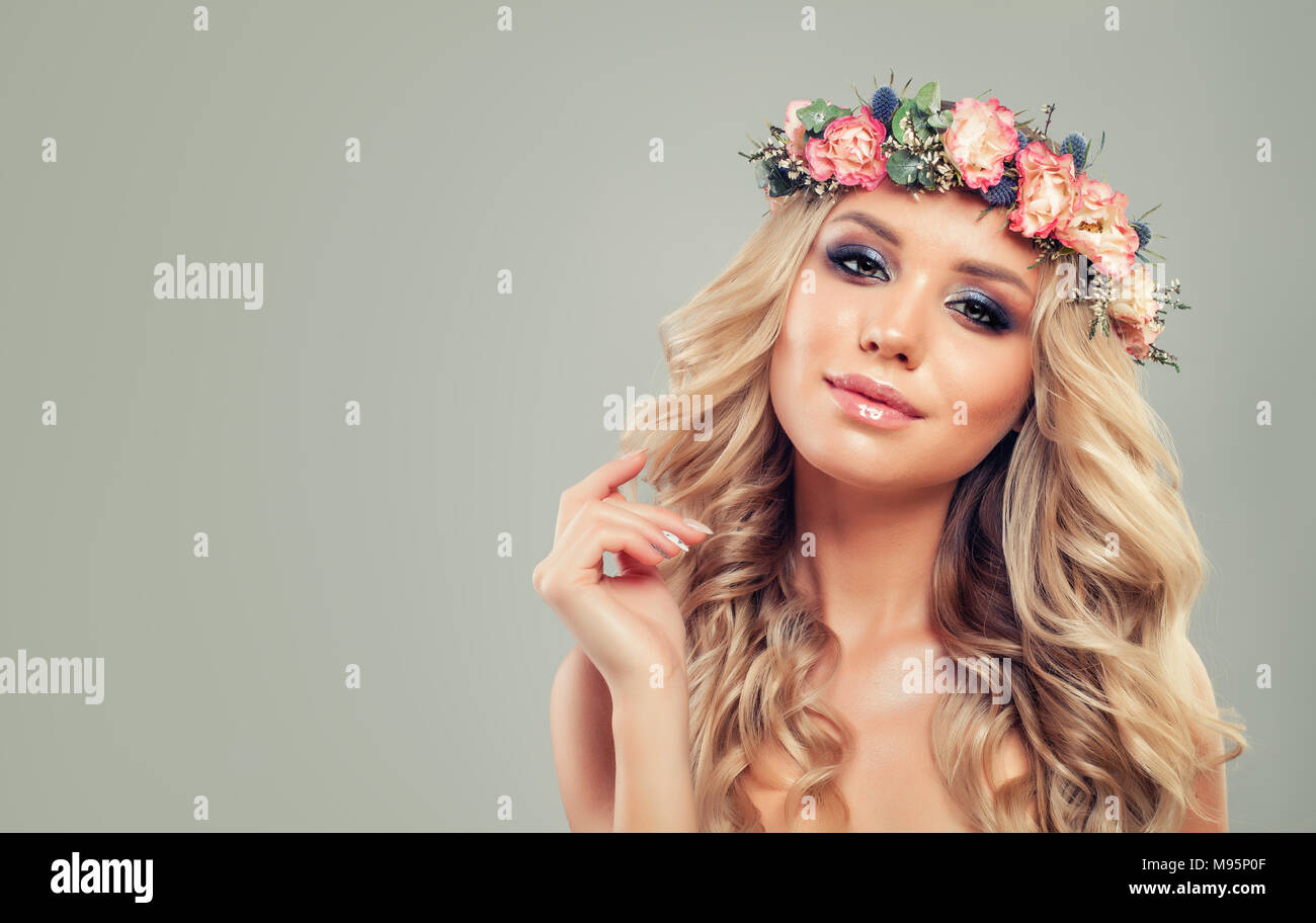 Perfect Young Woman With Flowers Hairstyle Blonde Beauty Fashion