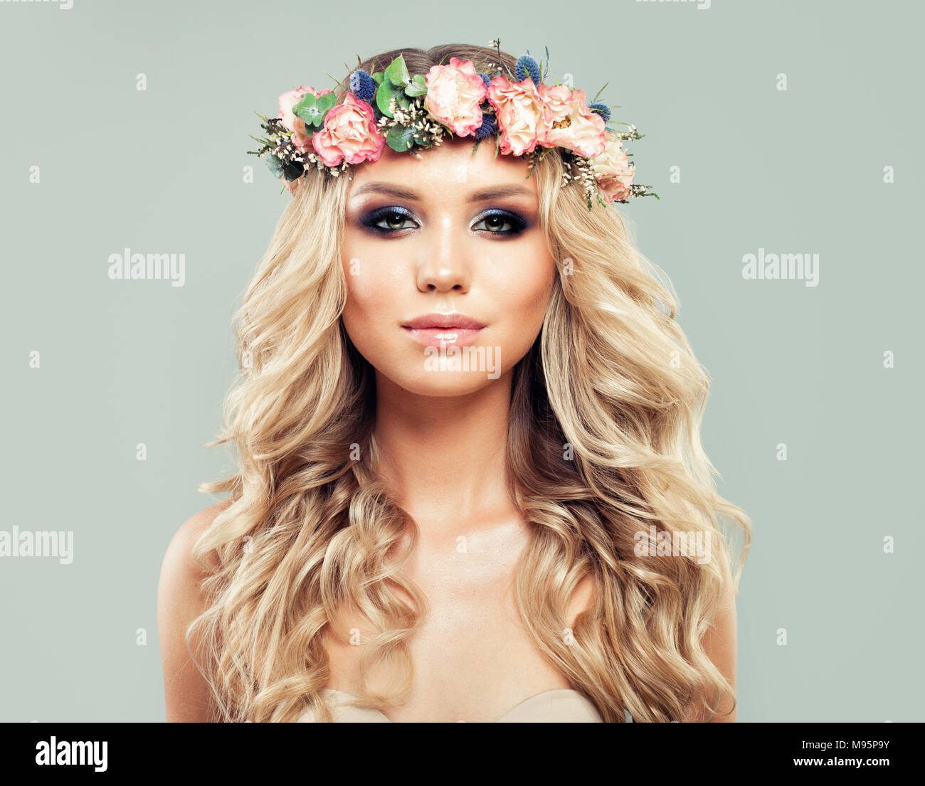 Spring Fashion Model Woman With Makeup Long Curly Hair And