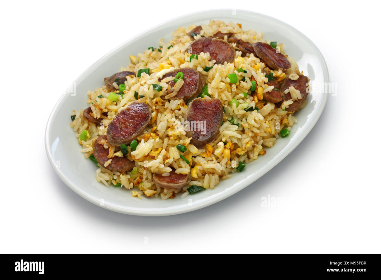 chinese sausage fried rice, xiang chang chao fan isolated on white