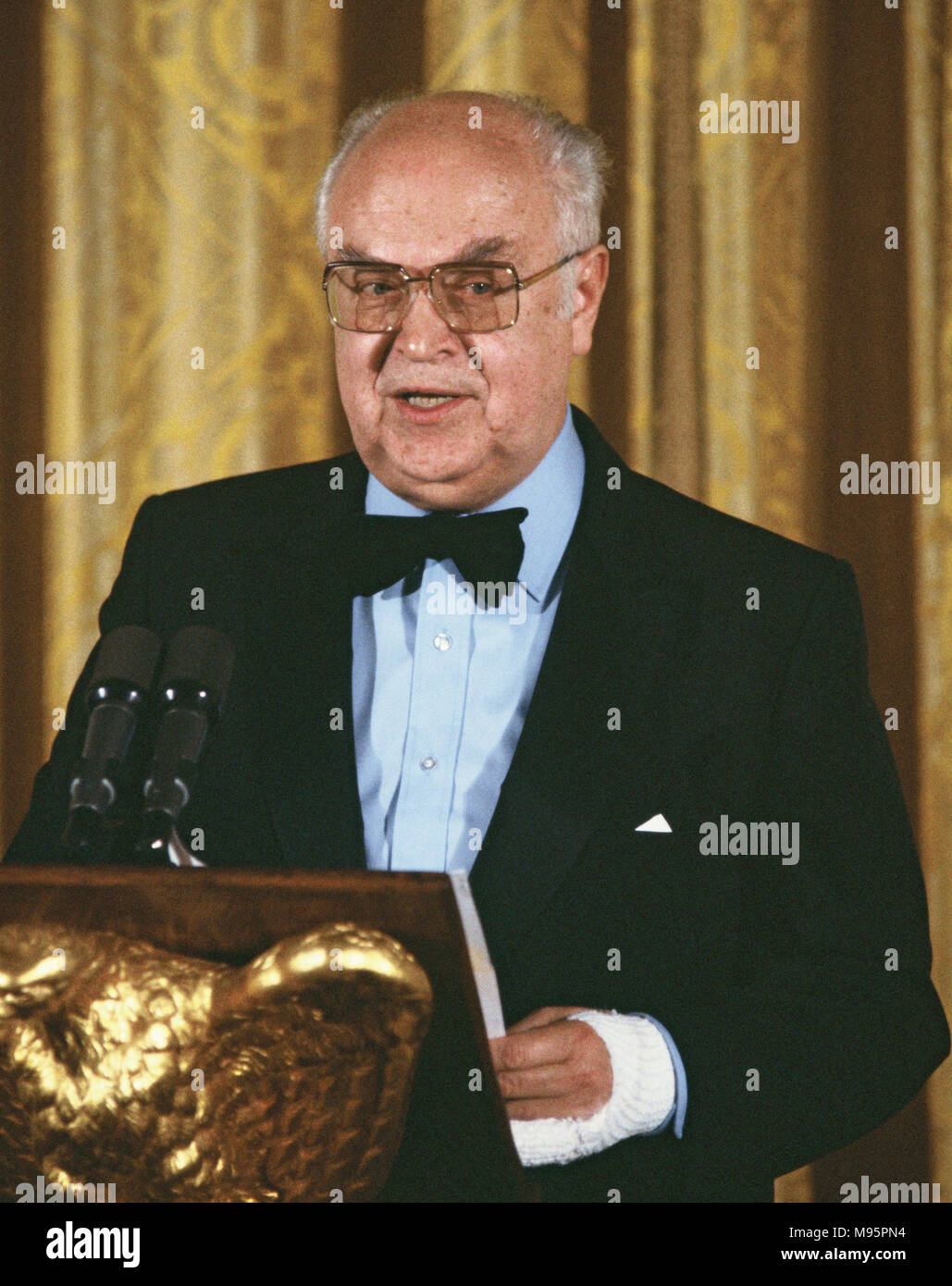 Ambassador Anatoly Dobrynin, Dean of the diplomatic corps,delivers a toast at a State Dinner for the Diplomatic Corps in the State Dining Room of the White House on February 19, 1982   Photograph by Dennis Brack Stock Photo