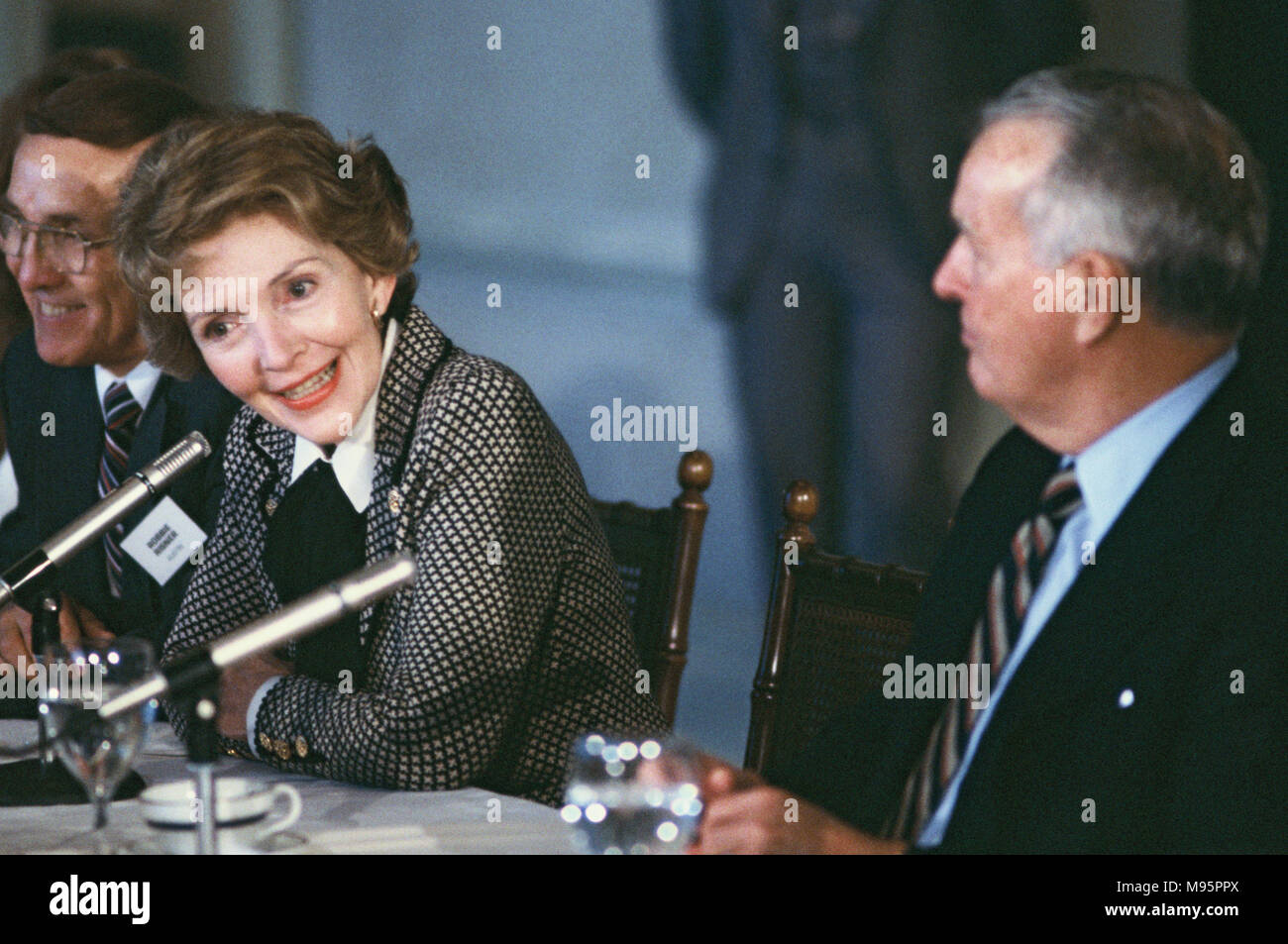 First Lady Nancy Reagan on a panel in Dallas, Texas in February 1982 ...