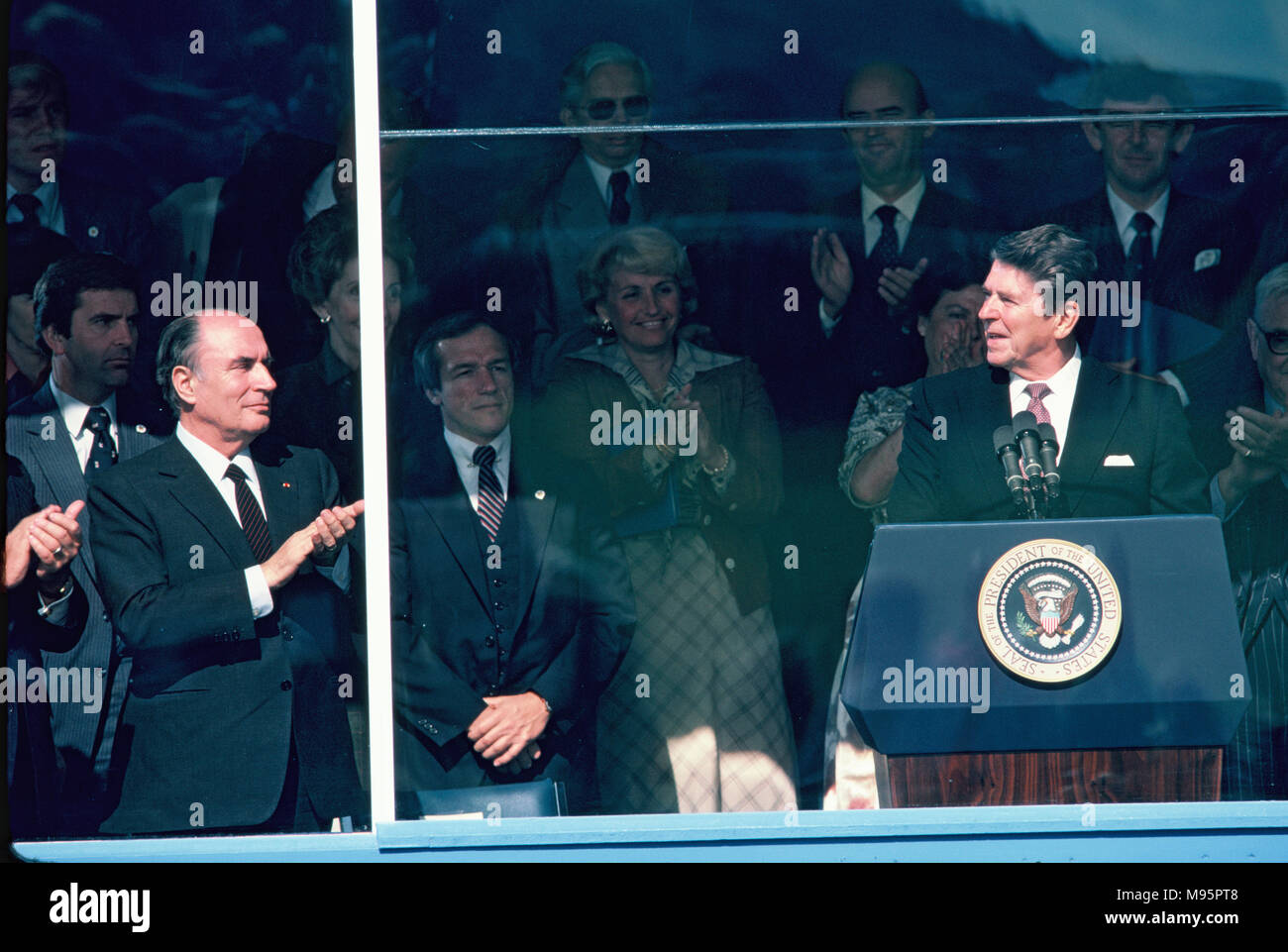 President Ronald Reagan  and Francois Mitterrand of France at  the Bicentennial of the  British surrender at Yorktown.   Photograph by Dennis Brack Stock Photo