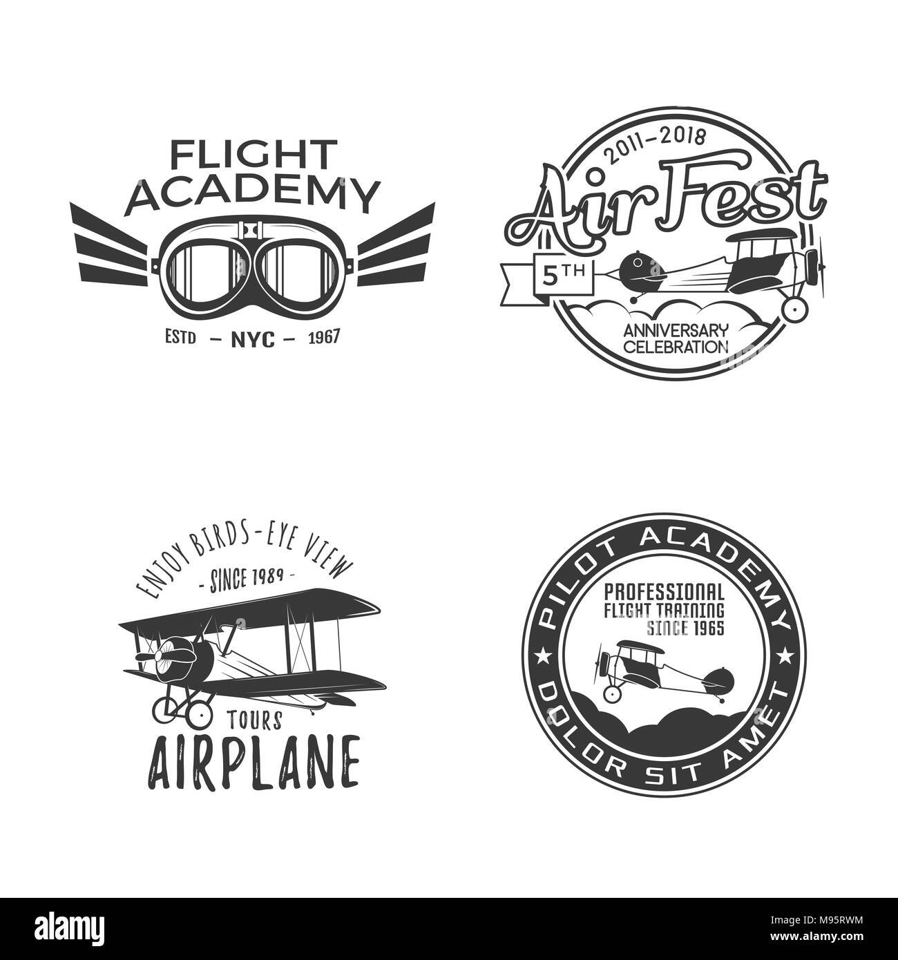 Vintage hand drawn old fly stamps. Travel or business airplane tour emblems. Airplane logo designs. Retro aerial badge. Pilot school logos. Plane tee design, prints. Stock vector patches isolated Stock Vector