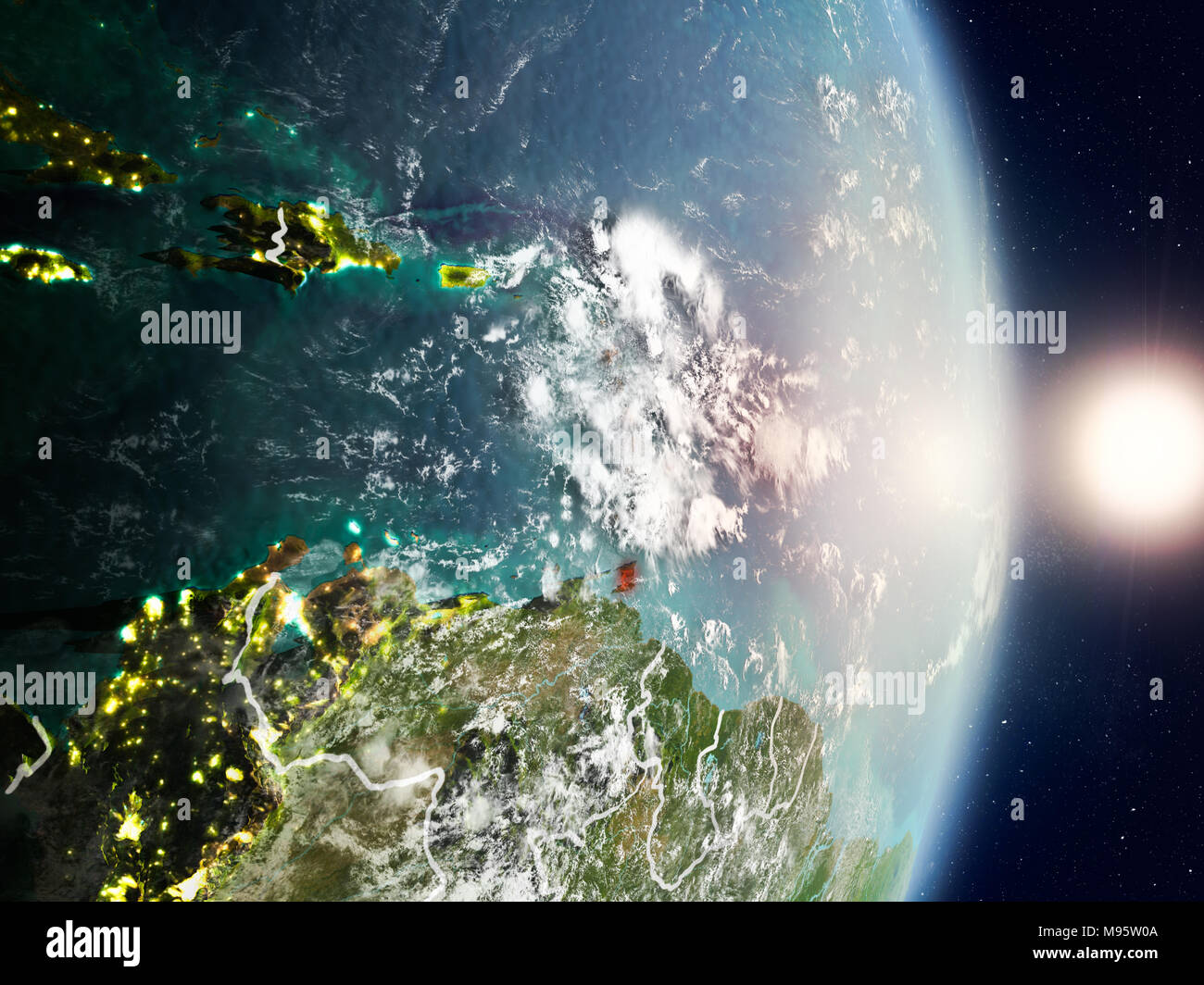 Caribbean during sunrise highlighted in red on planet Earth with ...