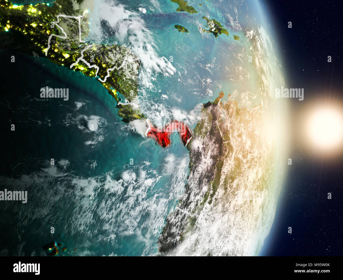 Panama during sunrise highlighted in red on planet Earth with visible ...