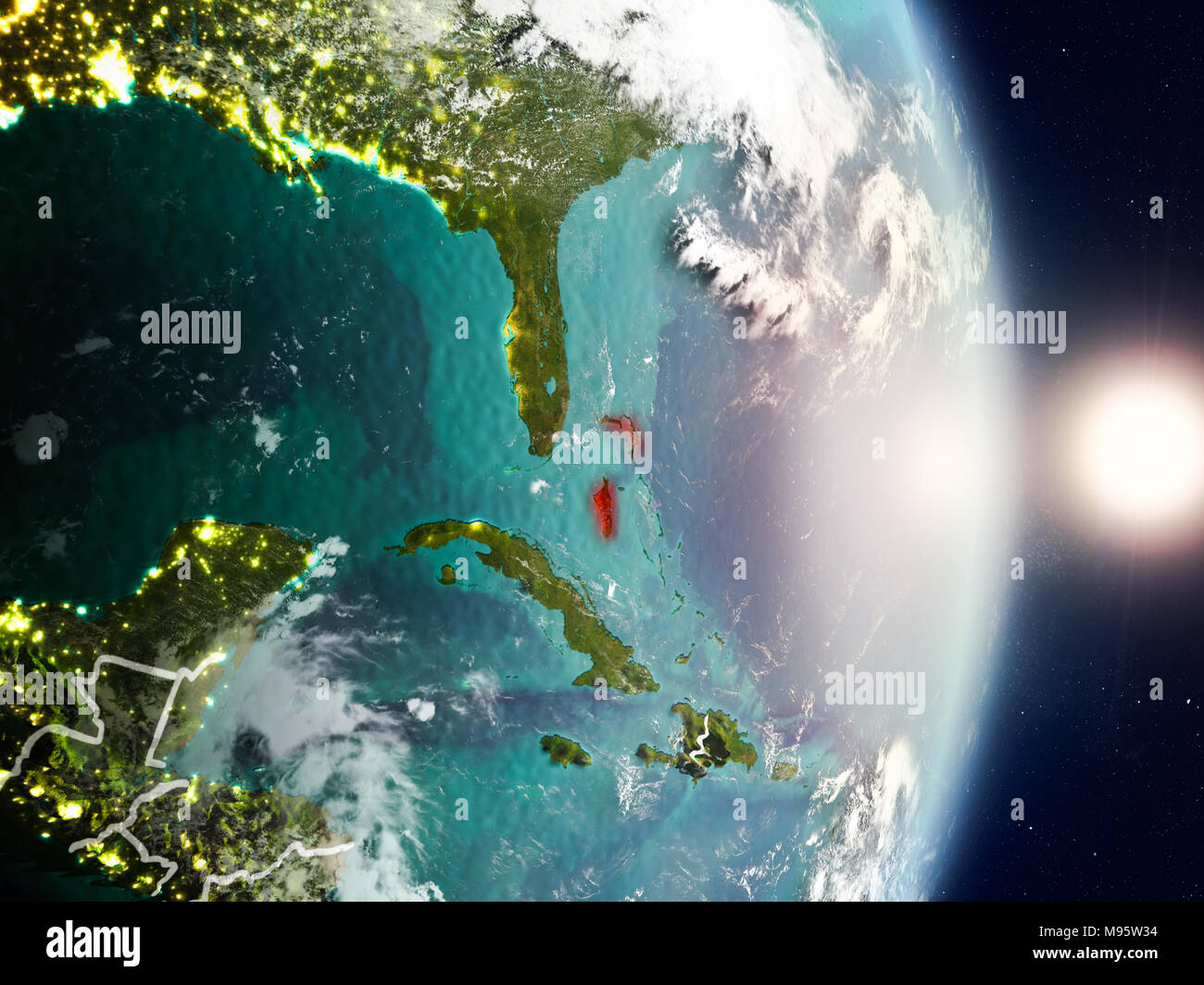 Bahamas during sunrise highlighted in red on planet Earth with visible ...