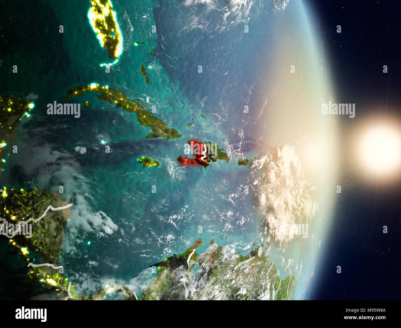 Haiti during sunrise highlighted in red on planet Earth with visible ...