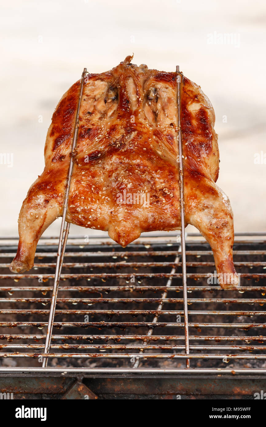 Roasted chicken on barbecue grills Stock Photo Alamy