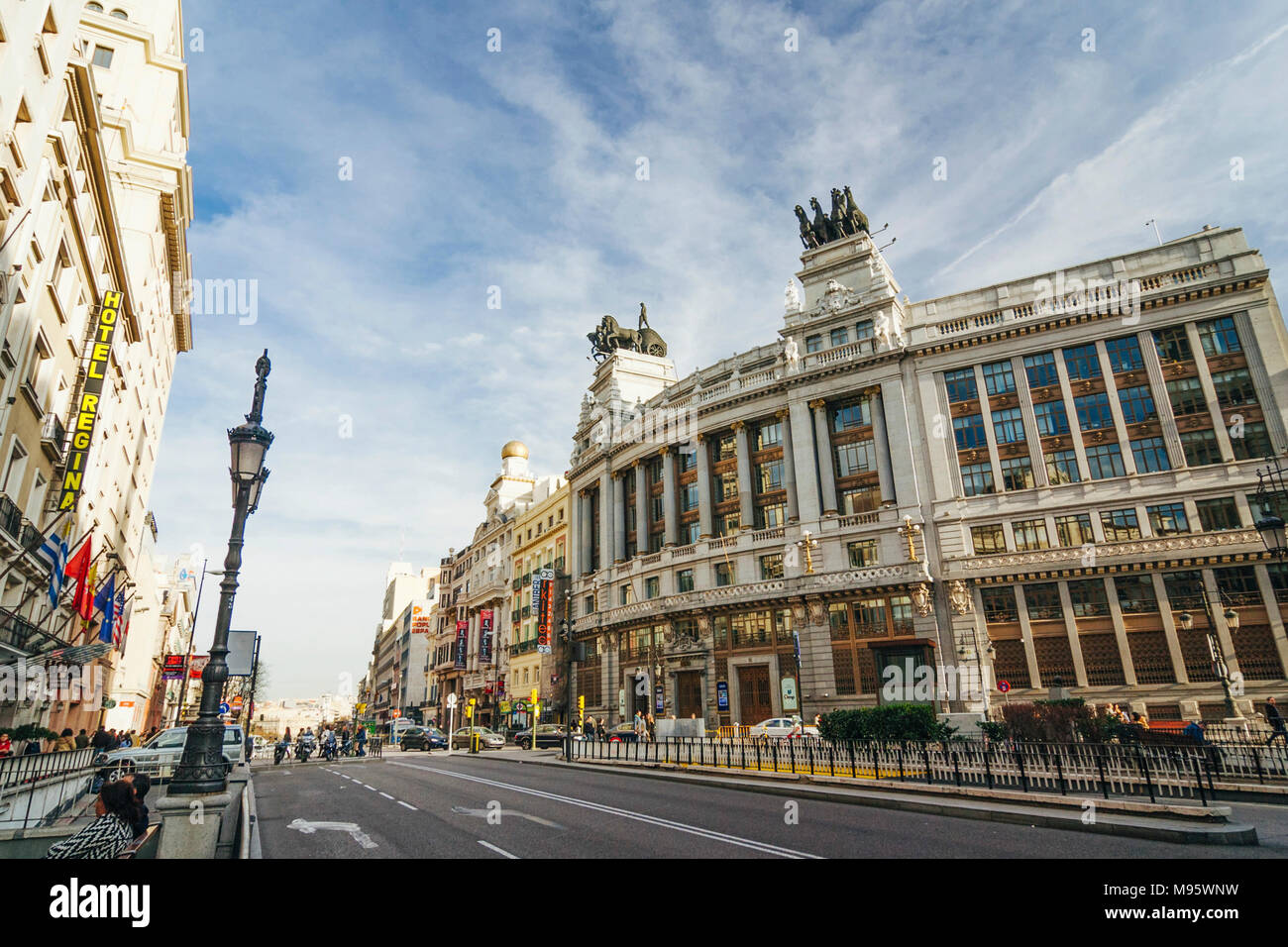 Madrid, Spain : Alcala street in downtown Madrid with the BBVA Bank building Projected in 1919 by architect Ricardo Bastida (1879–1953) and built from Stock Photo