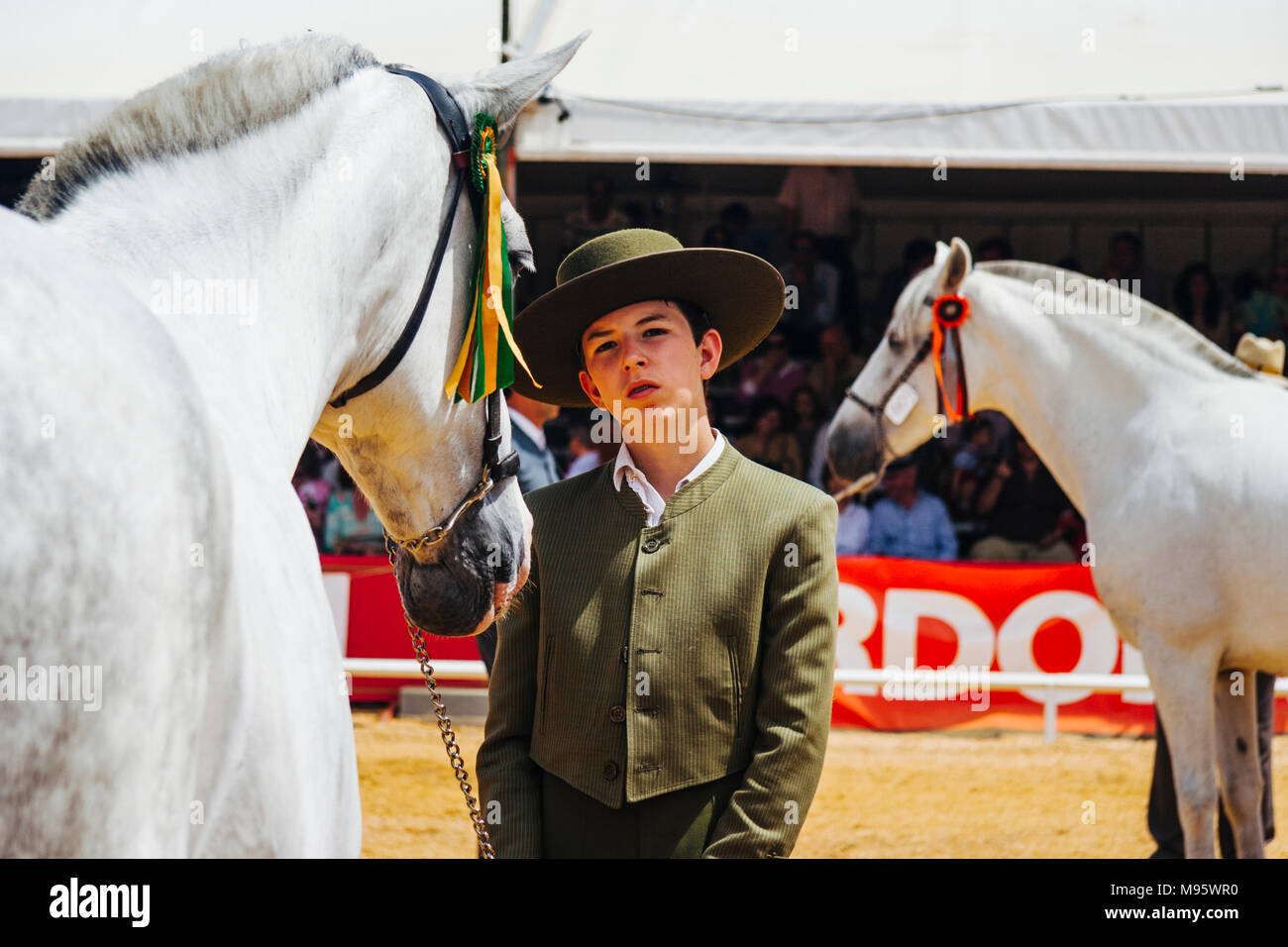 Cordoba, Andalusia, Spain : Andalusian teenager horseman exhibiting his mare at the Cordoba Horse Fair. Stock Photo