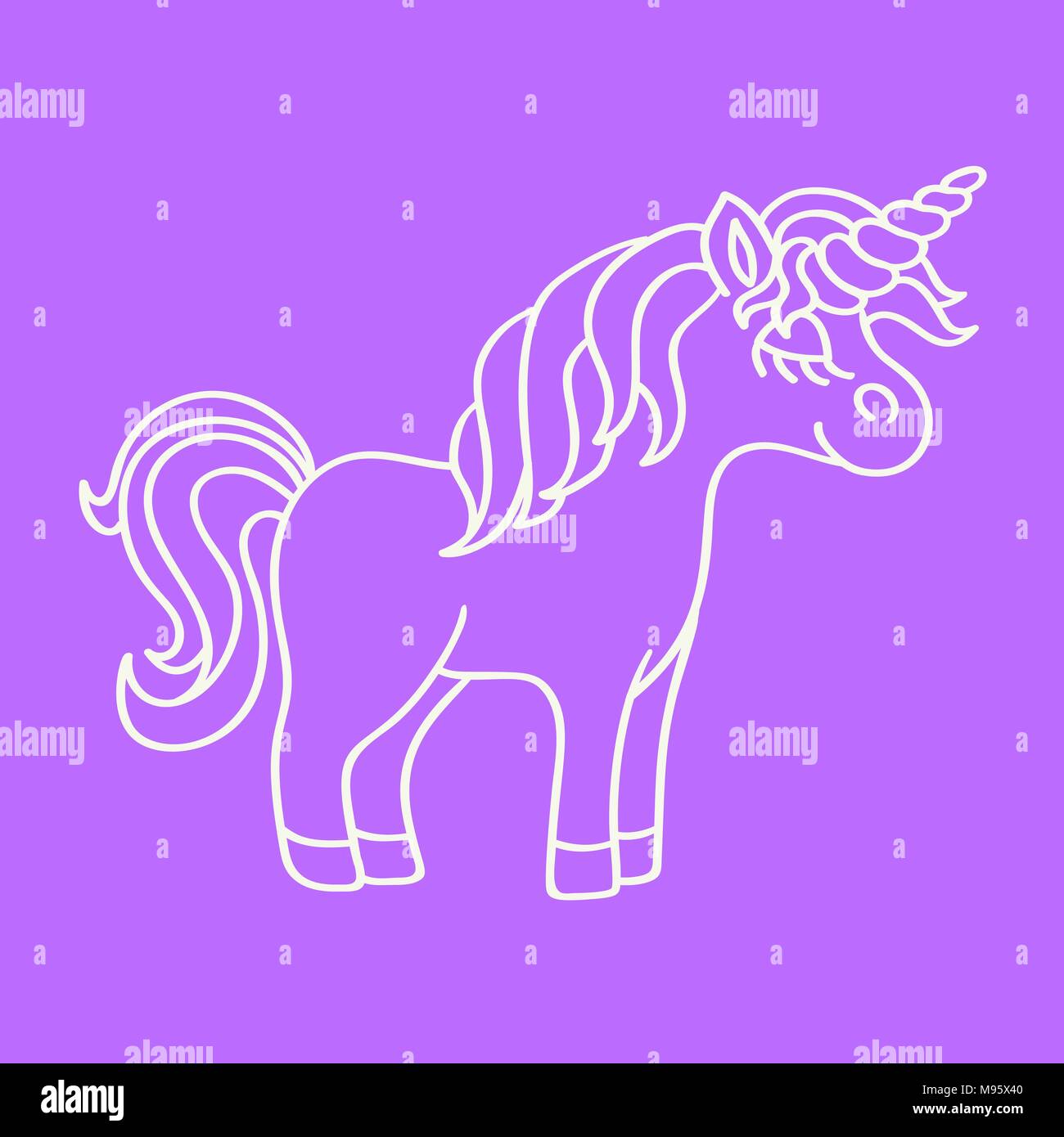 Fantasy unicorn white outline sketch icon on the purple background Stock Vector