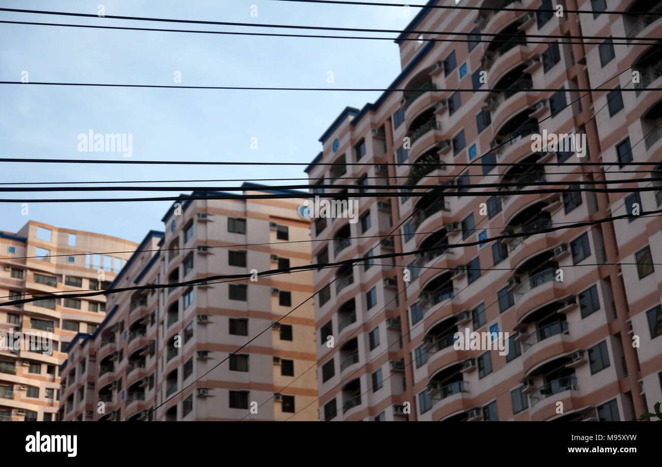 View on towers in Bangkok with electric wires Stock Photo