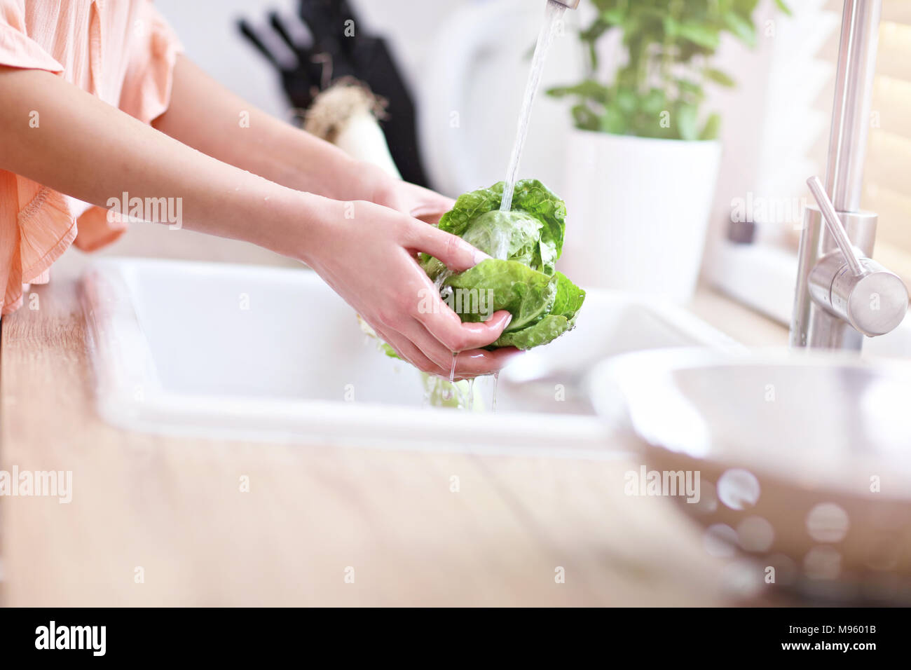 Young woman washing lettuce in modern kitchen Stock Photo