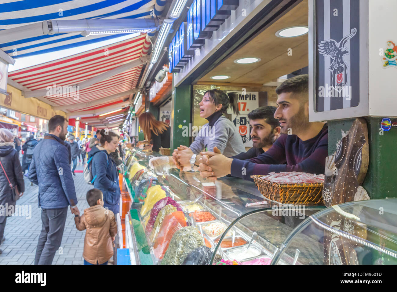 People buy waffle at waffle shops at  Ortakoy,Istanbul,Turkey.03 January 2018 Stock Photo