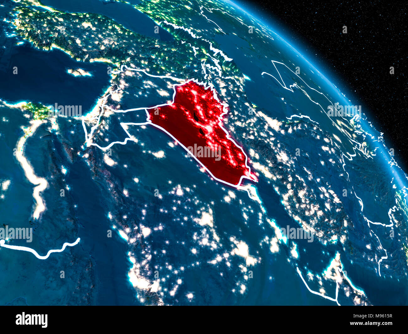 Satellite view of Iraq highlighted in red on planet Earth at night with borderlines and city lights. 3D illustration. Elements of this image furnished Stock Photo