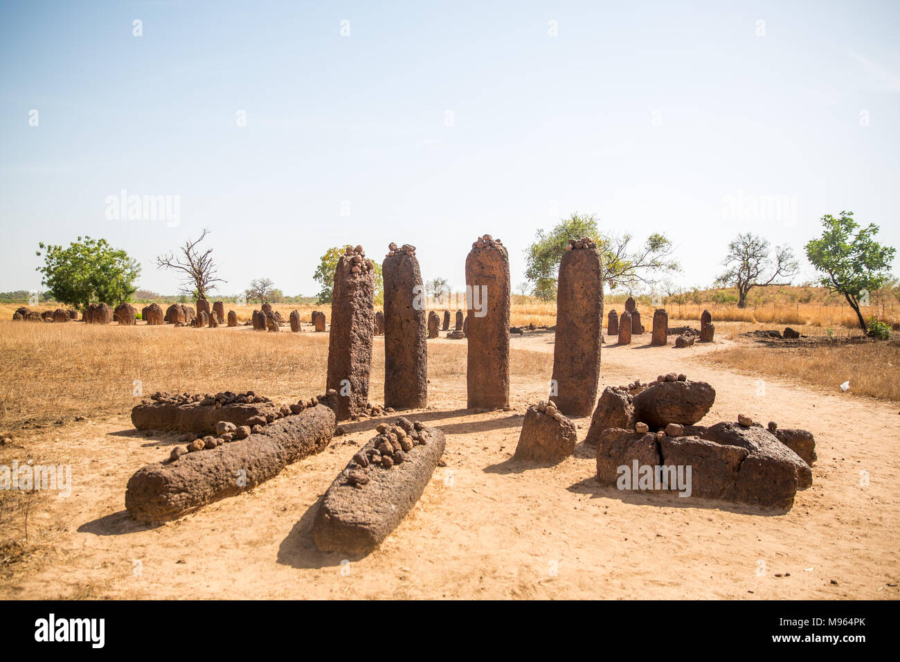 The Wassu Stone Circles (or megaliths), north of Janjanbureh,  is made up of 11 stone circles. The tallest stone is found in this area, with a height of 2.59 meters. Stock Photo